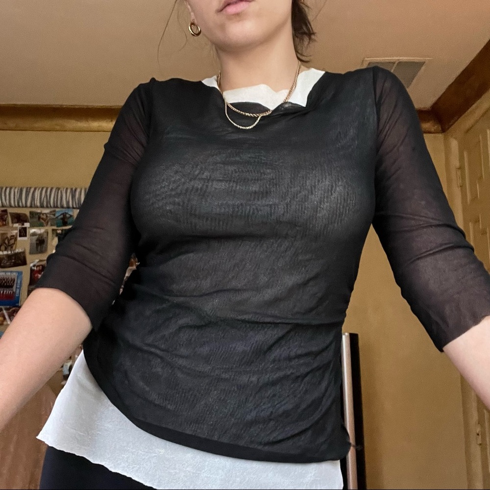 Black and white layered thin mesh top